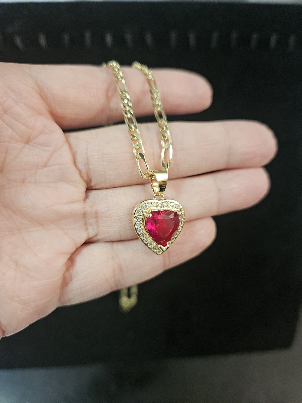 Gold Plated Heart Pendant Necklace with Red Crystal